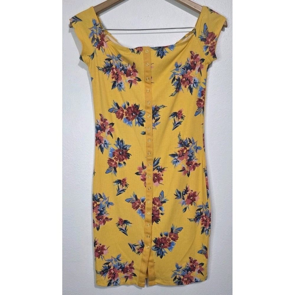 Guess Yellow Floral Stretchy Dress Bodycon Snap Up Off Shoulder M Summer Y2K EUC
